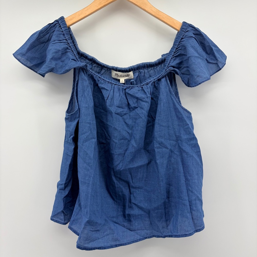 Madewell Top Womens M Blue F0789 Off-Shoulder Flutter Sleeve Cotton Boho Blouse
